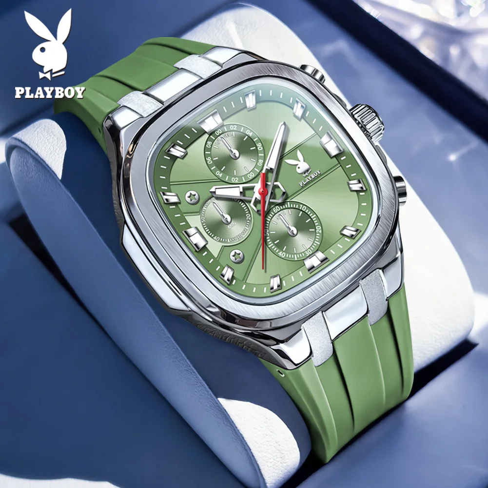 

Мужские часы PLAYBOY, модные кварцевые наручные часы с квадратным циферблатом, силиконовым ремешком, многофункциональные водонепроницаемые часы с хронографом для мужчин 3076