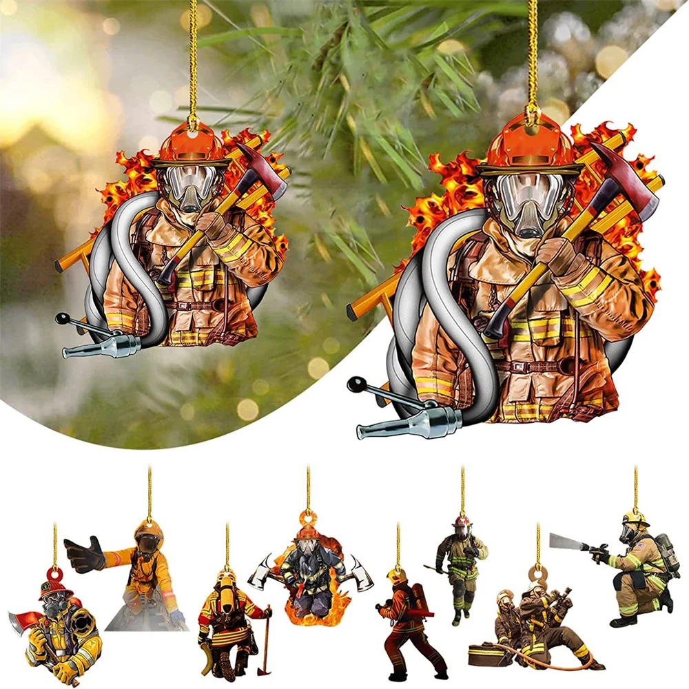 2d Acrylic Firefighter Hanging Ornament Christmas Tree Decoration Creative Fireman Pendant New Year 2024 Home Festival Gift image 2