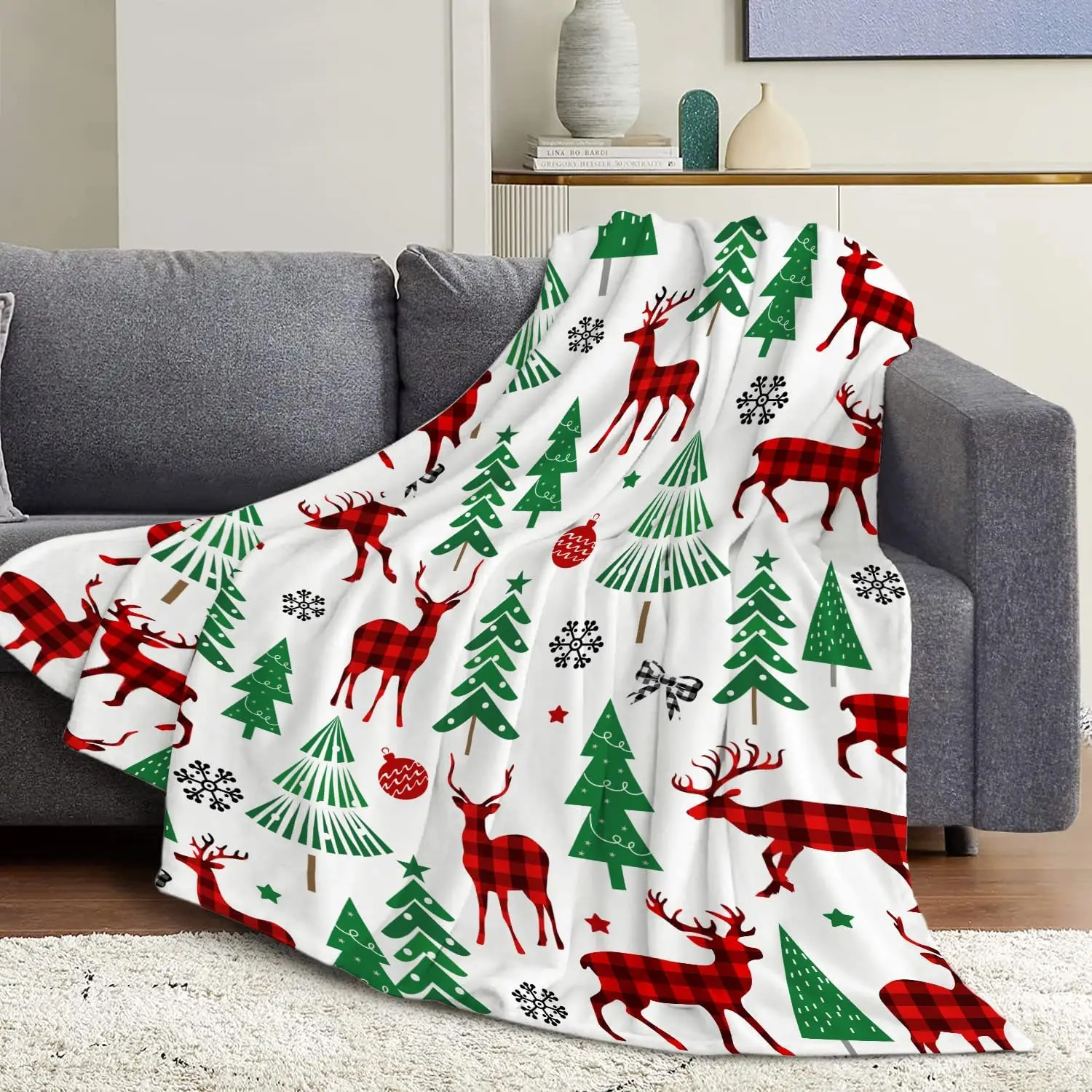Merry Christmas Tree Throw Blanket Red Plaid Deer Throw Soft Flannel Blankets Cozy Fuzzy Plush Xmas Winter Holiday Throw Blanket