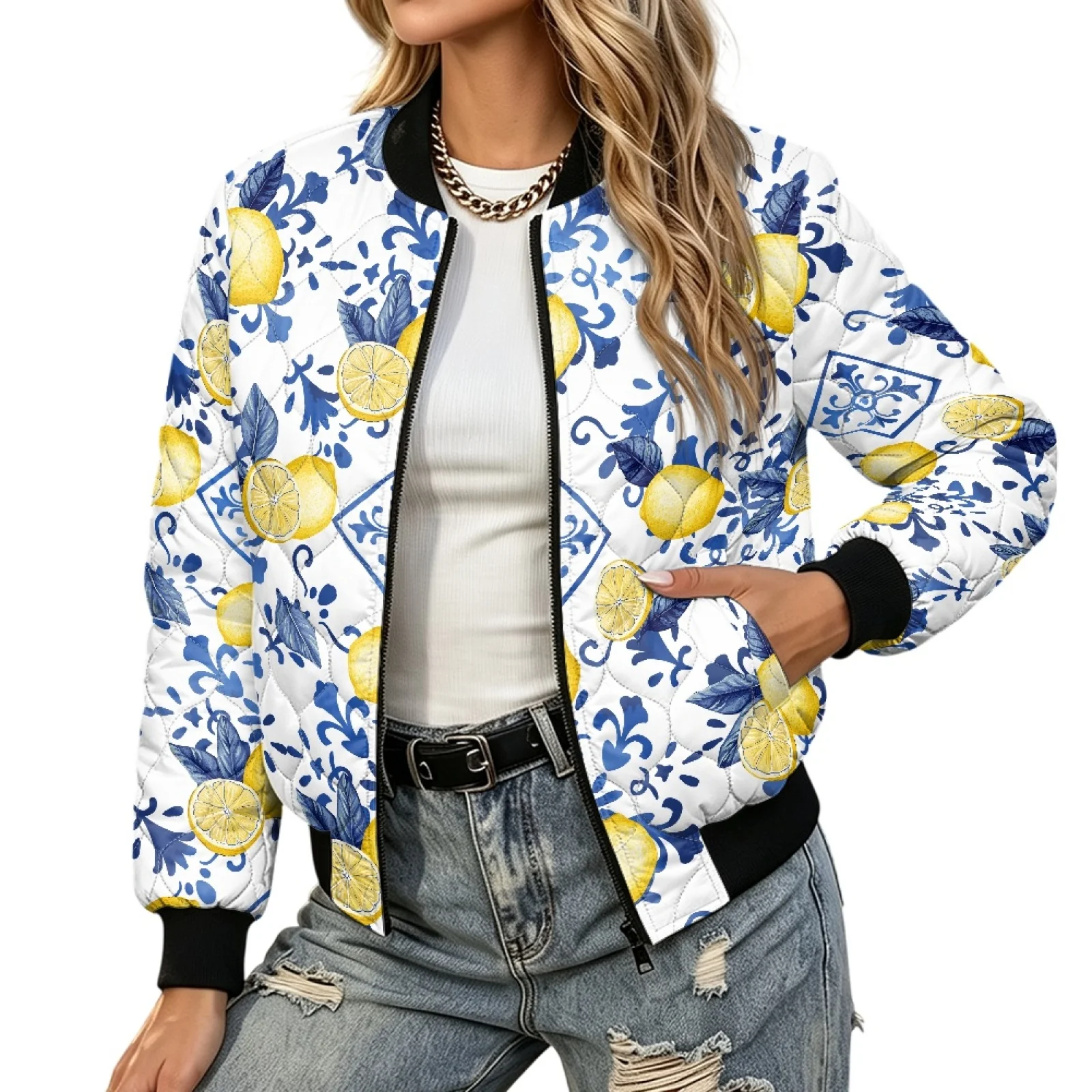 PENSTROLL Lemons Womens Light Puffer Bomber Jacket with Rib Collar Water-Resistant Winter Quilted Jackets for Vacation