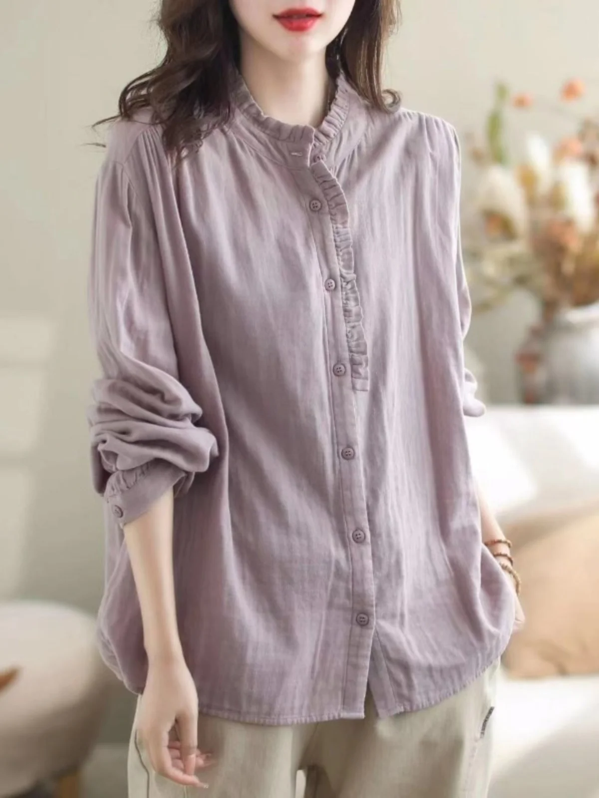 فضفاض طويل Sve irt المرأة الخريف الشتاء عارضة الوقوف طوق قاعدة أعلى Faionable متجدد الهواء المرأة irt خمر Sle نقي... #1