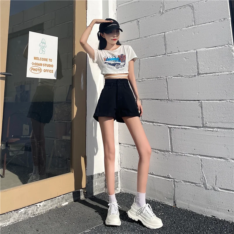 Szorty Damskie Popularne Jednolite Czarne Z Wysokim Stanem Jeansowe Wiosenne Damskie Ubrania Streetwear Uniwersalne Modne Pantalones Cortos De Mujer