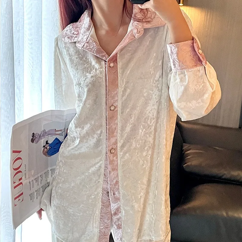 SXTHAENOO Winter Women's Velvet Home Wear Lapel Long-Sleeved Pajamas Set Daily Leisure High Sense Pajamas Keep Warm Nightshirt