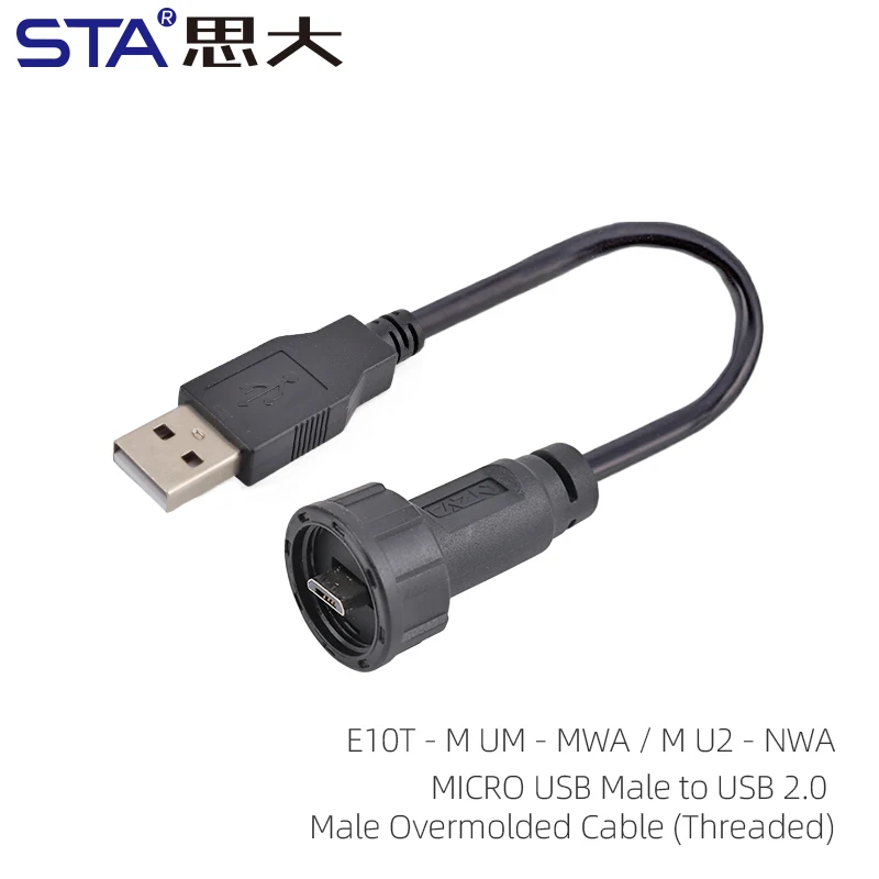 Micro USB Male to USB 2.0Male  Waterproof Connector With Cable, IP67 Threaded Bayonet Overmolded Plug for Electronic Devices
