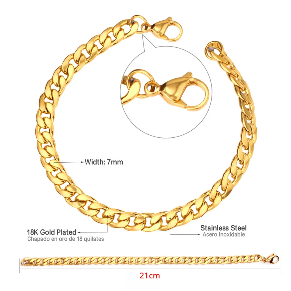 Gold Silver Color Stainless Steel 7mm Cuban Link Chain Bracelets Necklace For Women Men Fashion Party Wedding Jewelry Sets Gifts