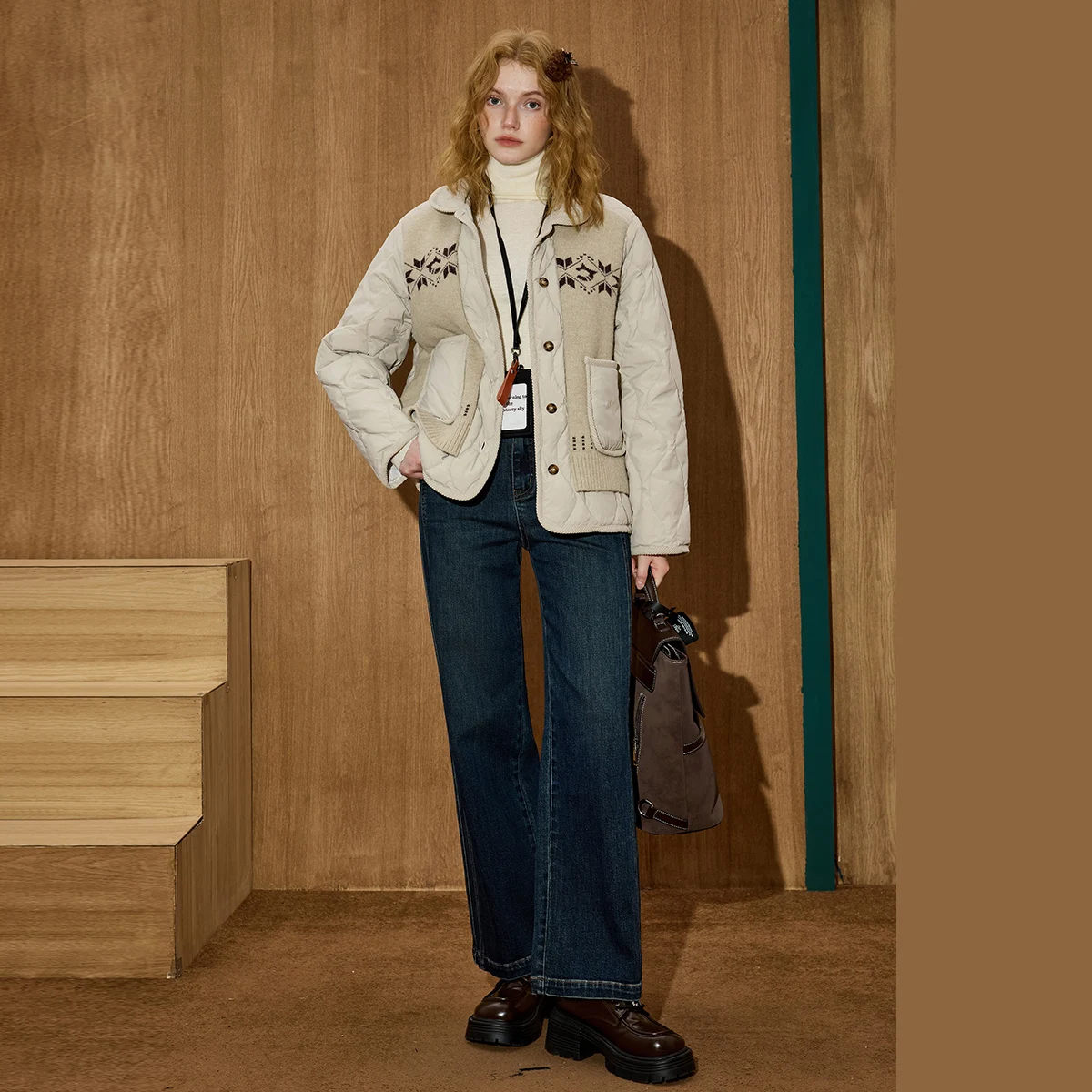 Abrigo acolchado de invierno 90% para mujer, Parka con cuello de mezcla de punto, patrón de rejilla de calabaza, diseño de solapa texturizada, ajuste relajado a medida