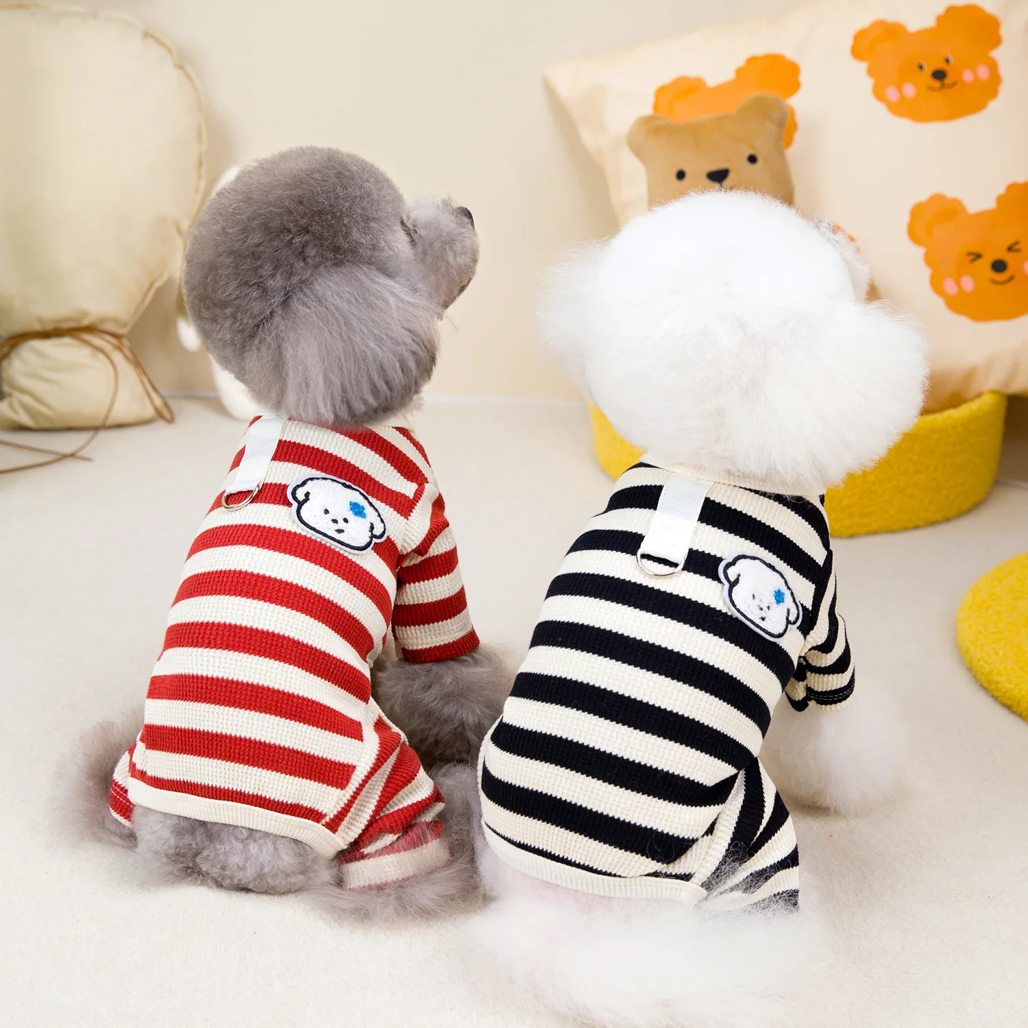 New Dog Clothes Striped T-shirt Warm Dog Long Sleeve Hoodie Cartoon Puppy Fashion Design Pet Four-legged Clothes