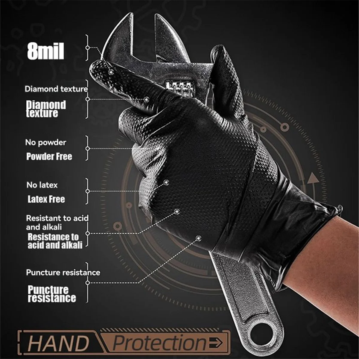 

ABNJ 100PCS Nitrile Gloves Thick Industrial with Diamond Textured Latex Free Heavy Black Glove XL