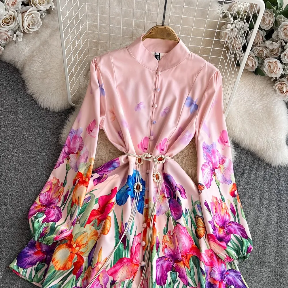 Manga comprida feminina com estampa floral Mini vestido, Stand Collar, Cinto, Feriado, Boho, Elegante, Verão, Primavera, Moda, Novo, 2024