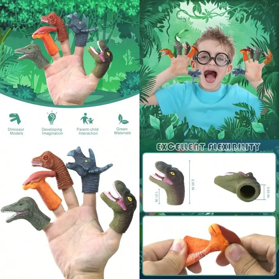 

5Pcs Dinosaur Finger Puppets, Rubber Bath Toys Party Decor for Kids Ages 3-5