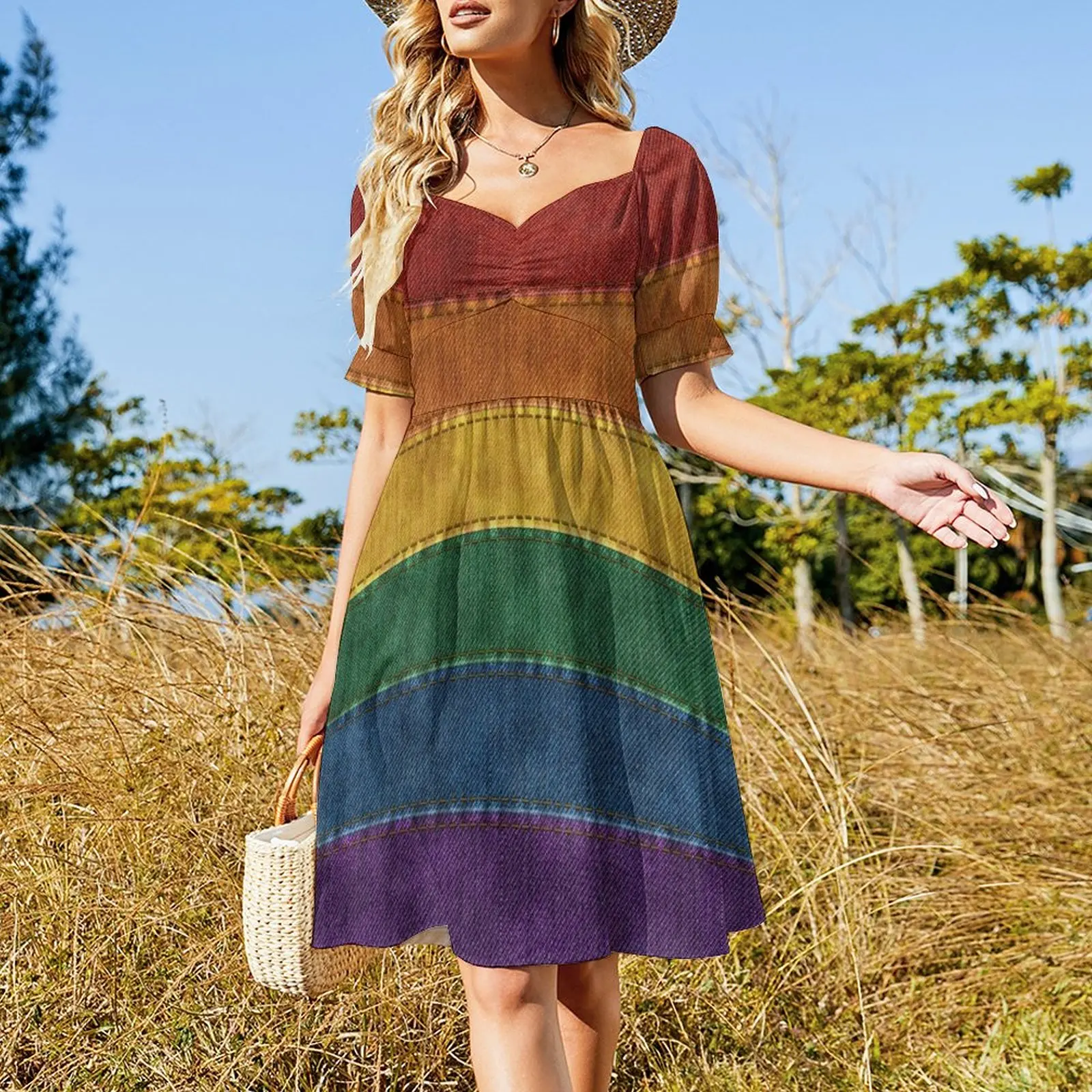 Denim Textured Seamless LGBTQ Pride Rainbow Flag Background Sleeveless Dress long sleeve dresses dresses with long sleeves