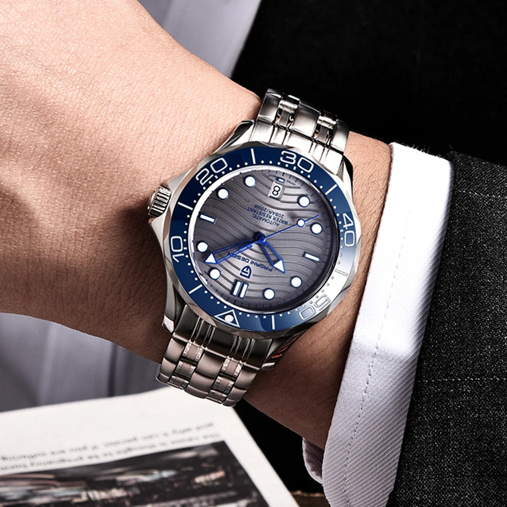 PAGANI DESIGN Men's Watch Wave Luxury Mechanical Watch For Men 200m Diving Sapphire Glass Sports Stainless Steel Automatic Watch