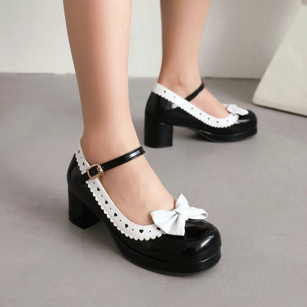 Woman\'s Block Heel Classic Lolita Shoes Cute Bowknot Strap Buckle Vintage Mary Jane Shoe Patent Leather Platform Pumps Plus Size