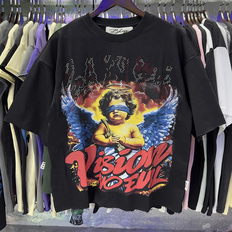New BKYS Tops Tee High Street Fashion Stamped Diamonds Fashion Hip Hop Men Women Short Sleeved T-Shirt Stock