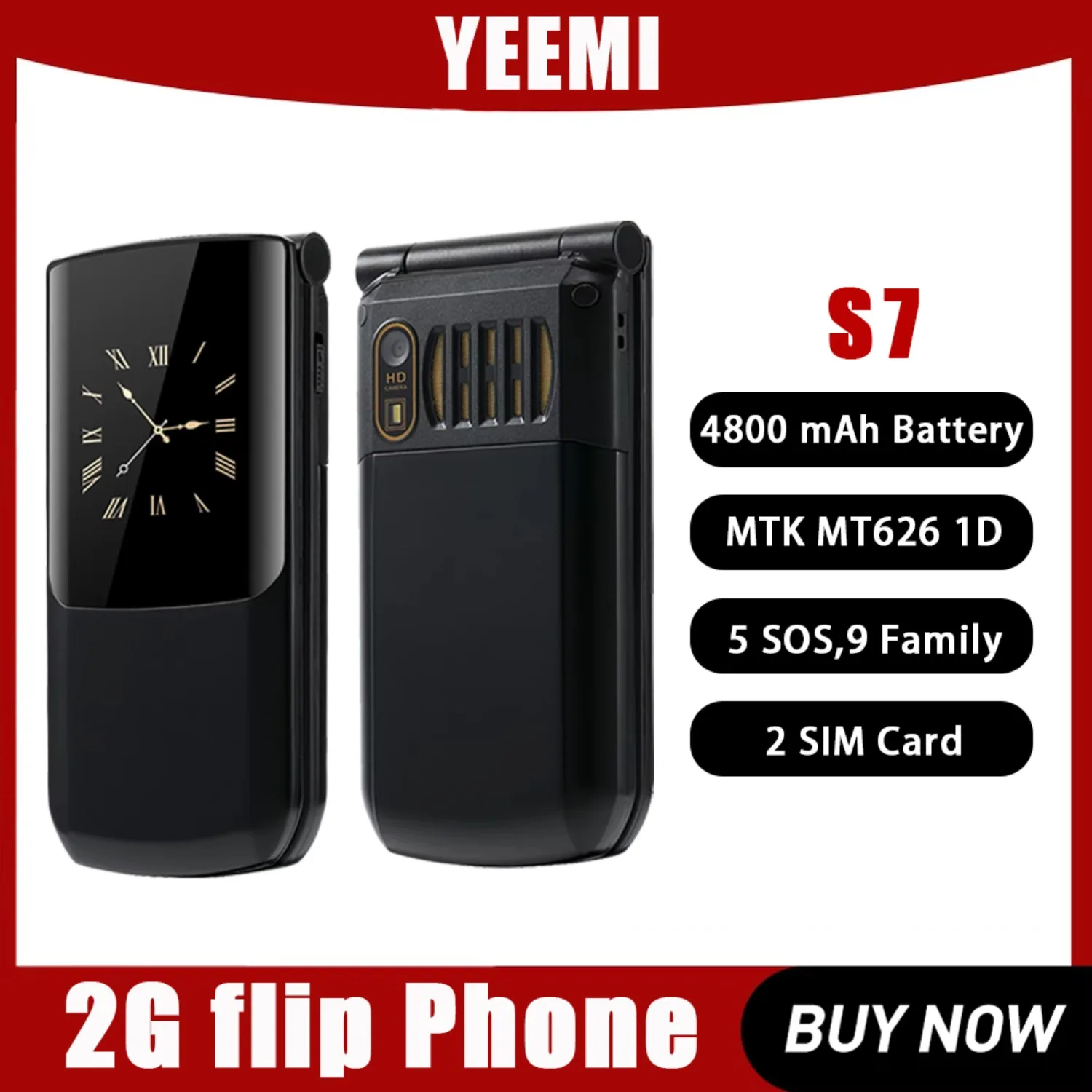 NEW YeeMI S7 2G 2.4''Flip Feature Phone Bluetooth FM Large 4800mAh Senior Push-button 2 SIM Card Russian Hebrew Arabic Version