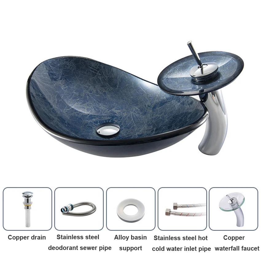 Bathroom Sink Countertop Washbasin Blue Grey Tempered Glass Toilet Vessel Basin Simple 12L Washroom Sets With Tap 540*360*160MM