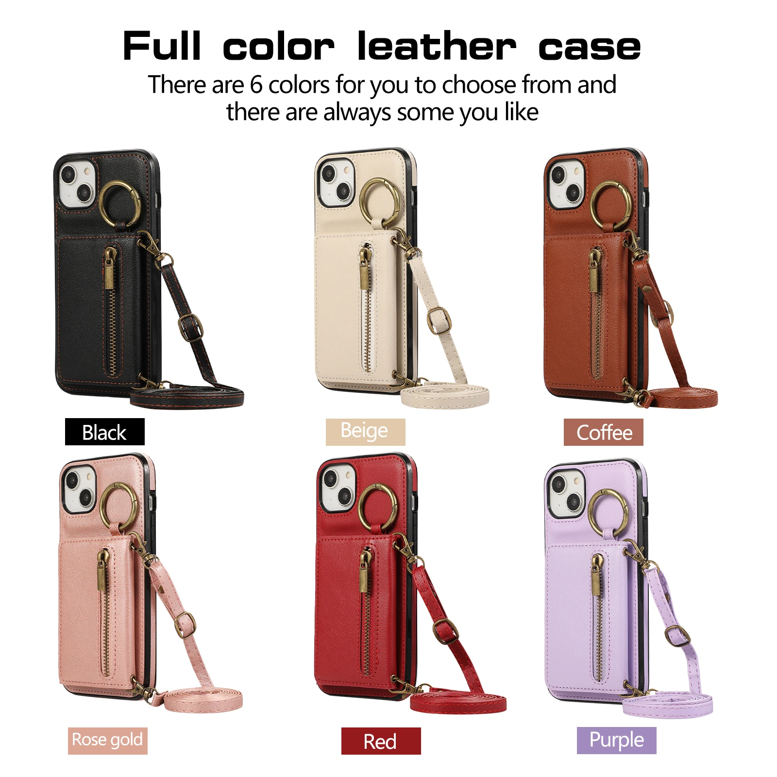 Crossbody Triple Wallet Ring Holder Cards Solt Leather Zipper Case For iPhone 15 Pro Max 14 Plus 13 12 11 XS XR 7 8 SE2022 Cover