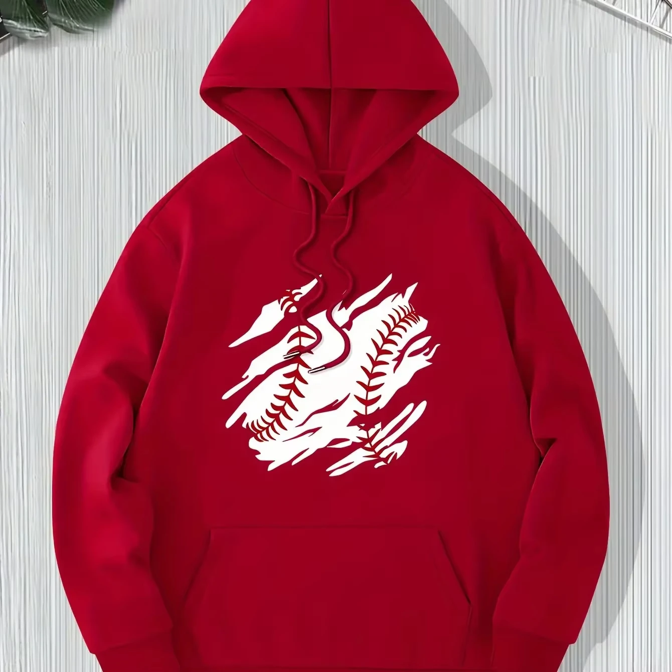 Retro Baseball‑Style Theme Unisex Hoodie Distressed Red‑Stitching Graphic‑Print Sporty Streetwear Casual Pullover Tops