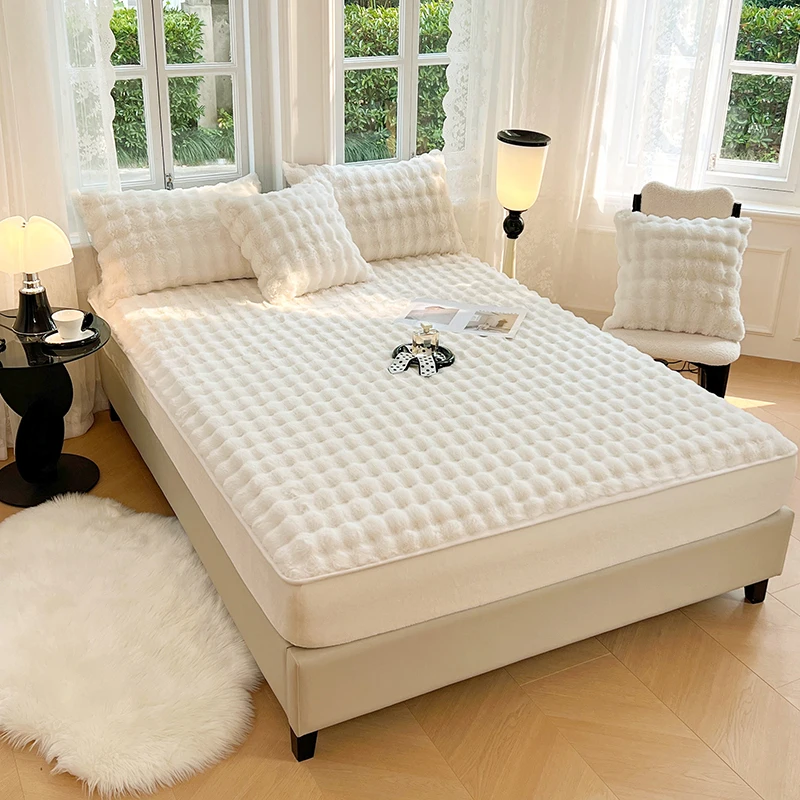 

2025 New A-class Dyeing High Weight Rabbit Plush Bed Sheet Crystal Plush fitted sheet Protective Cover Milk Plush Mattress Cover