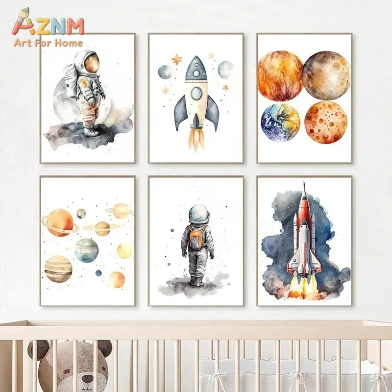AZNM Watercolor Astronaut Rocket Planet Canvas Poster Frameless Wall Art Space Galaxy Cosmic Print For Kids Nursery Bedroom Boys