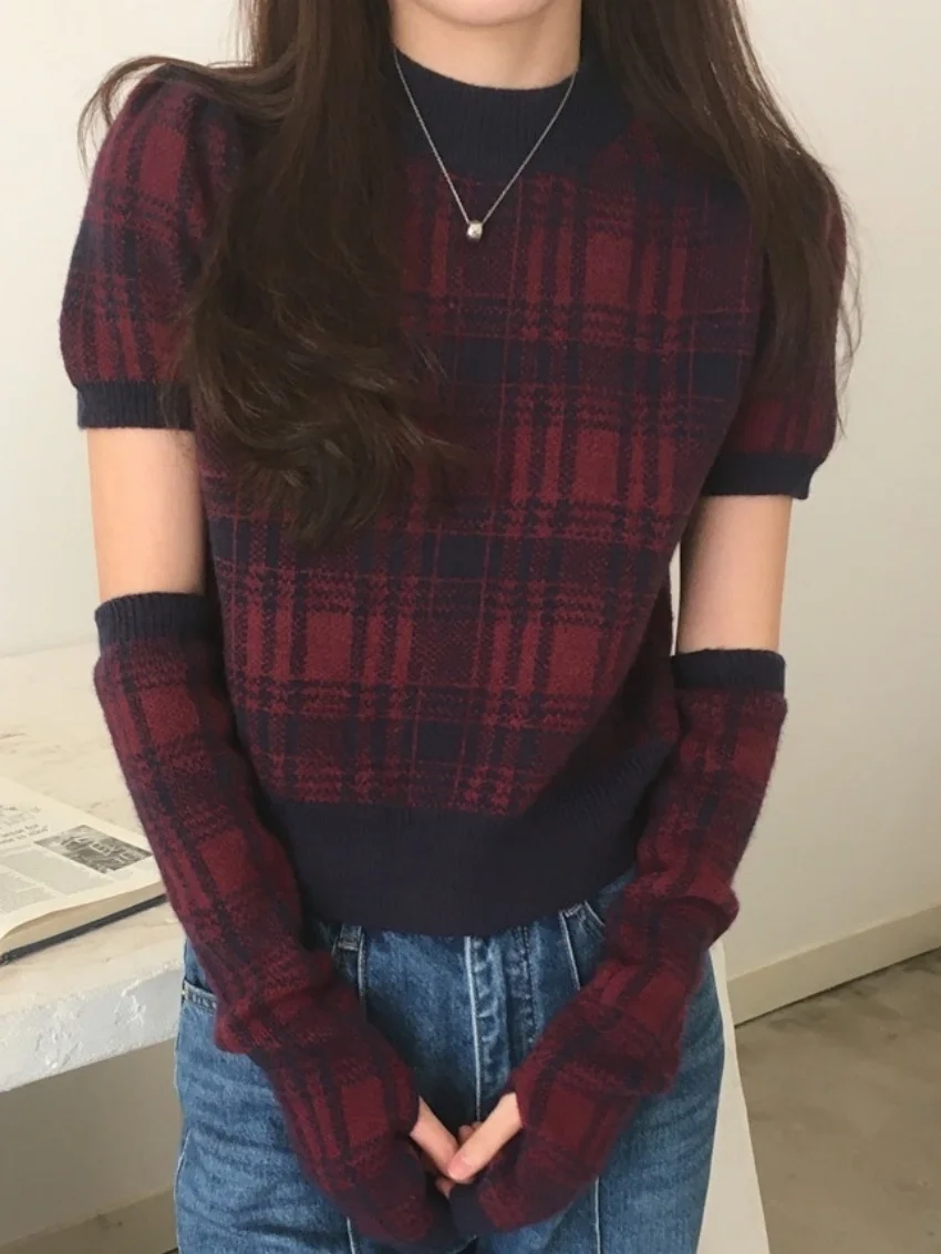 Alien Kitty Retro Plaid Sweaters Short Puff Sleeve With Gloves Spring High Street Pullovers Loose New Casual Gentle Daily
