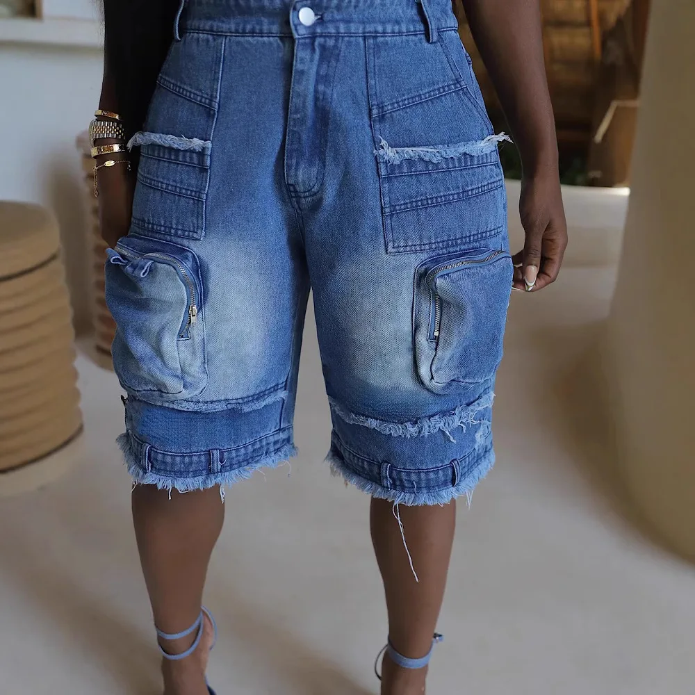 

New Summer Fashion Denim Shorts with Large Pockets and Tassels. Casual, Loose, Mid-length Jeans for European and American Women