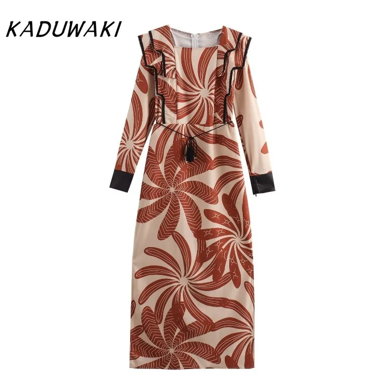  KADUWAKI Spring/fall Square Neck Long-sleeved Wooden Ear Trimmed Dress Chic High Waist Slim Splicing Fashion Maxi Dresses