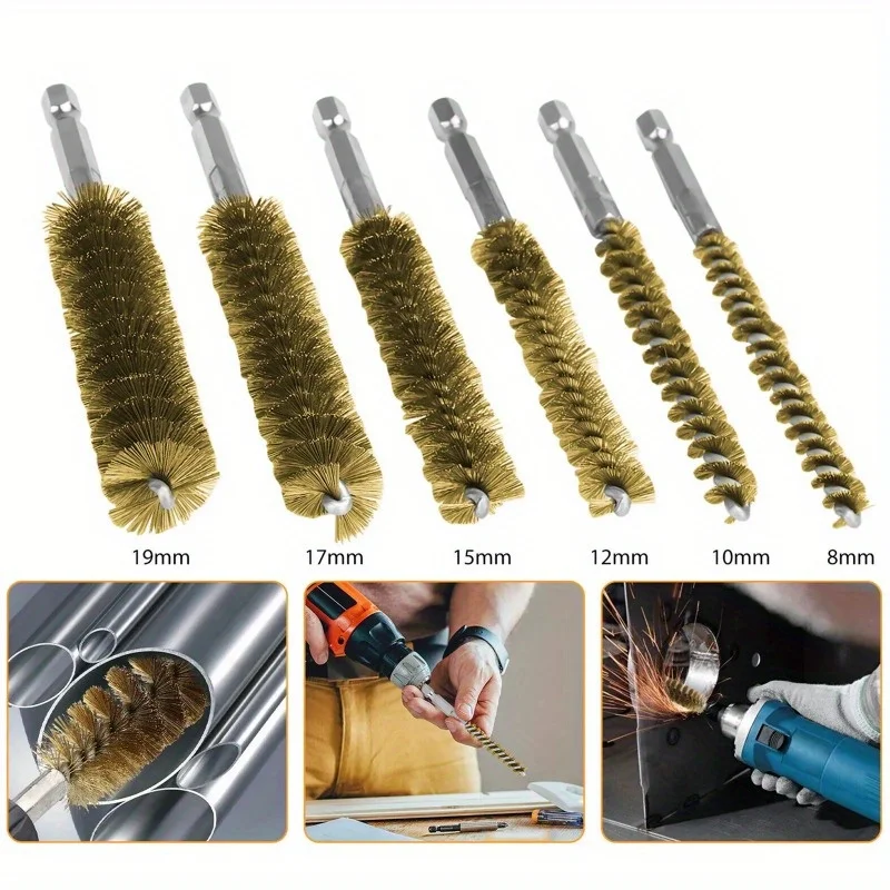 6Pc Bore Wire Brush Twisted 1/4 Inch Hex Shank Brass Bore Cleaning Wire Brushes 8-19mm for Power Drill Impact Driver Accessories