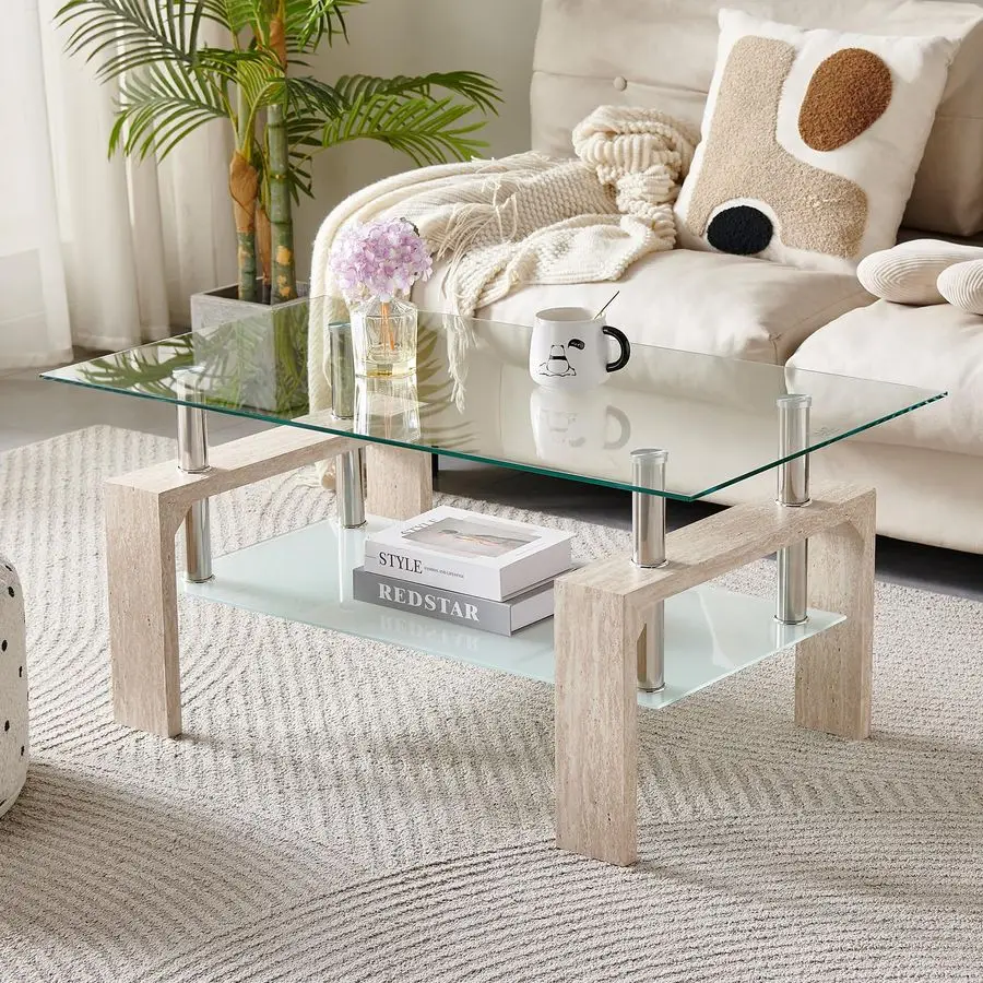 

Room Rectangle Coffee Table, Tea Table Suitable for Waiting Room, Modern Side Coffee Table with Wooden Leg, Glass Tabletop with