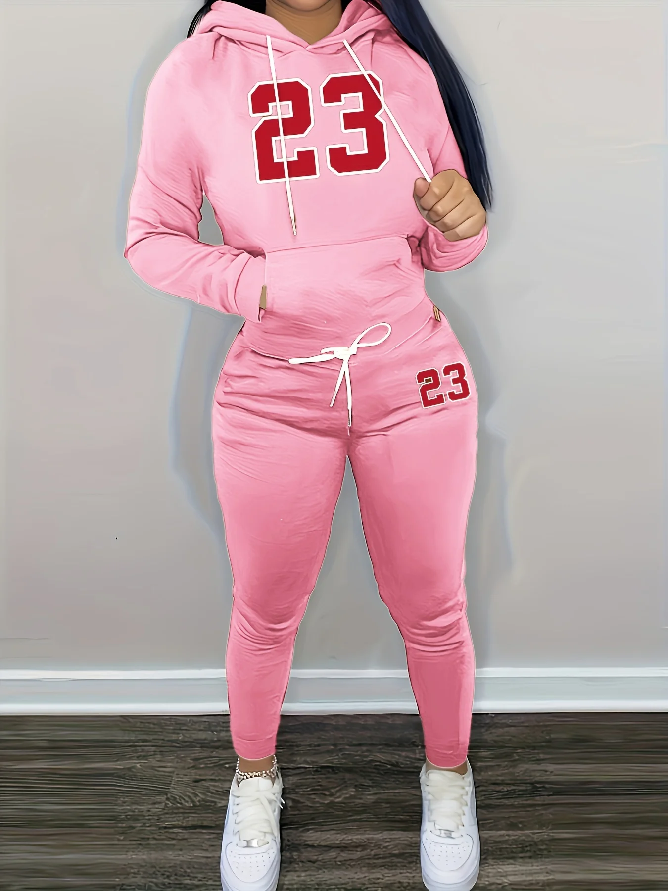 

Women's personality number solid color hooded drawstring casual fashion two-piece set
