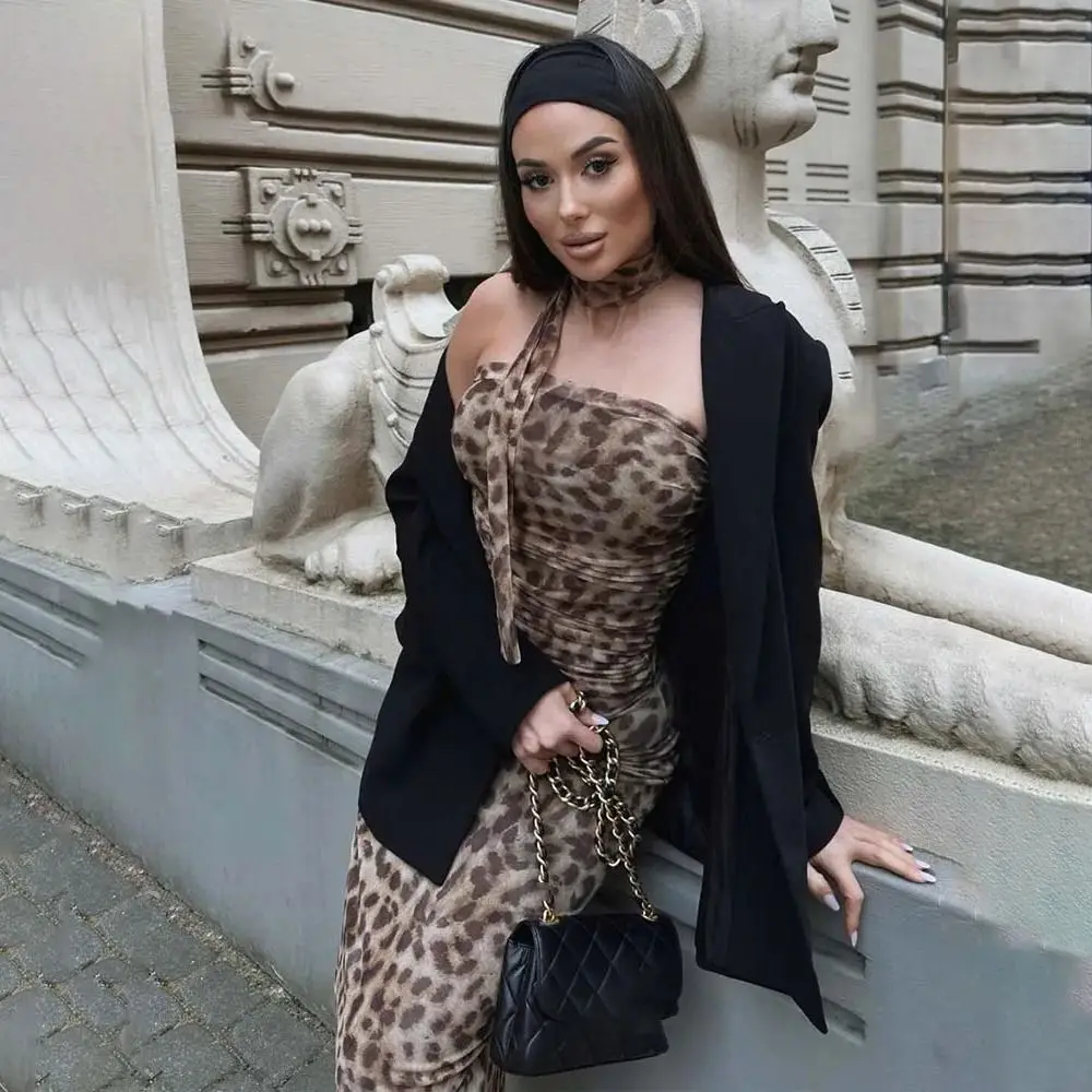 Mode Tule Luipaard Geplooide Top Intage Sexy Dame Rokken Set Hoge Wais Halter Hals Top Luipaard Print Rok Pak