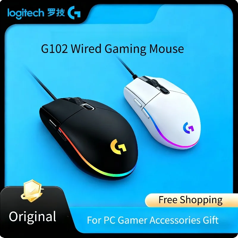 

Проводная игровая мышь Logitech G102, 8000 точек на дюйм, 6 клавиш, радужный оптический эффект, легкая RGB для ПК, геймерские аксессуары, подарок