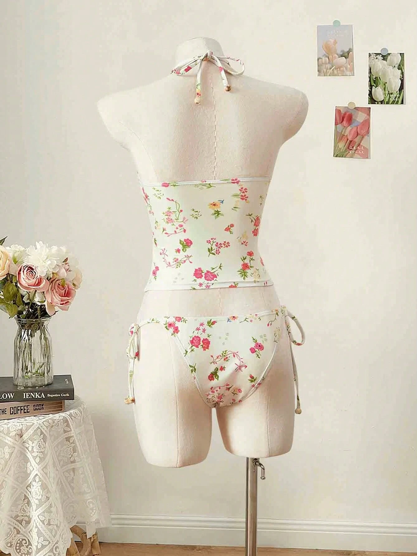 2026 Printed Halter Tie Two-Piece Swimsuit Women's Casual Surfing Bikini Polyester Material with Chest Pad No Steel Support