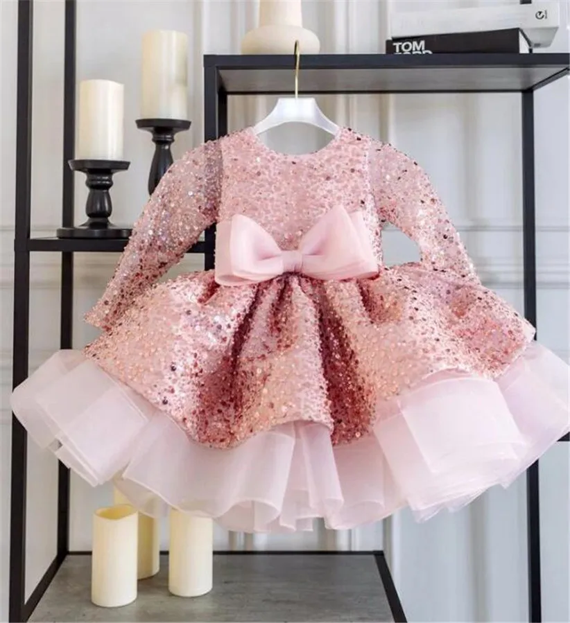 Flauschige rosa Prinzessin Kleid Hochzeits feier Blumen mädchen Kleid Langarm Geburtstags kleid Brautjungfer Kleider Kind 1-14t