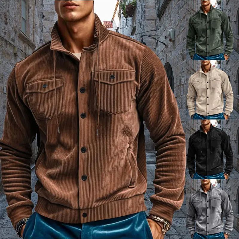 

2024 Autumn and Winter New Men's Jacket Corduroy Turn-down Collar Coat American Retro Style Multi-Pocket Workwear Jacket