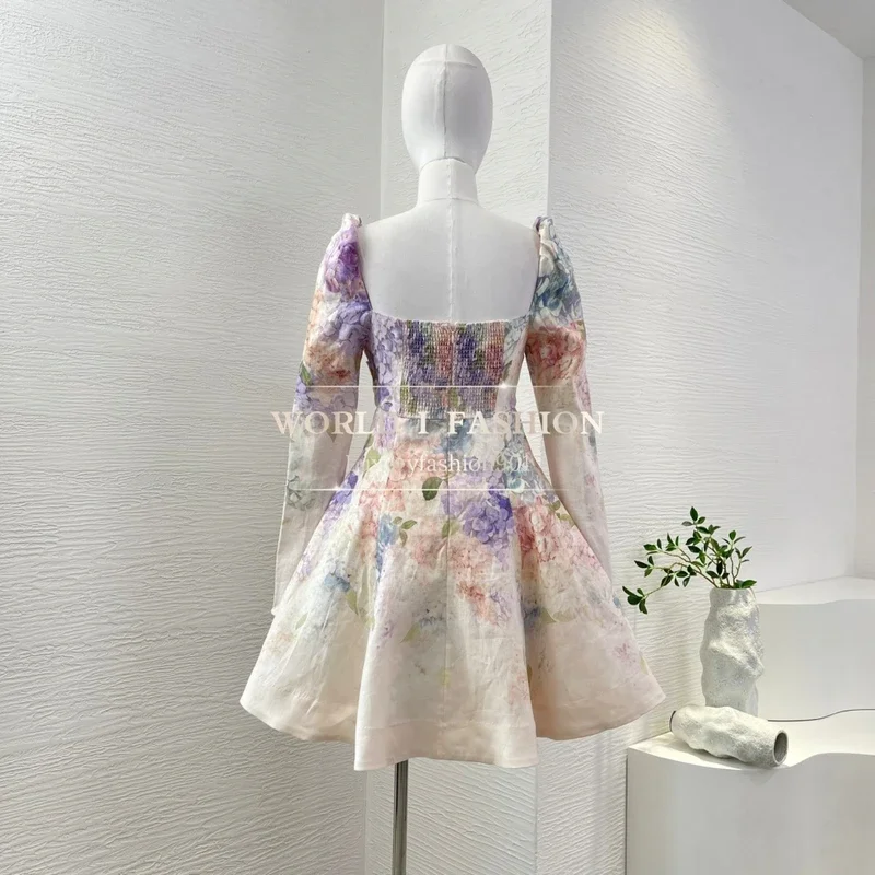 فستان نسائي قصير عتيق موديل 2025 جديد مختلط الألوان مطبوع عليه زهور عالي الجودة وأكمام طويلة بدون حمالات على شكل حرف a #2