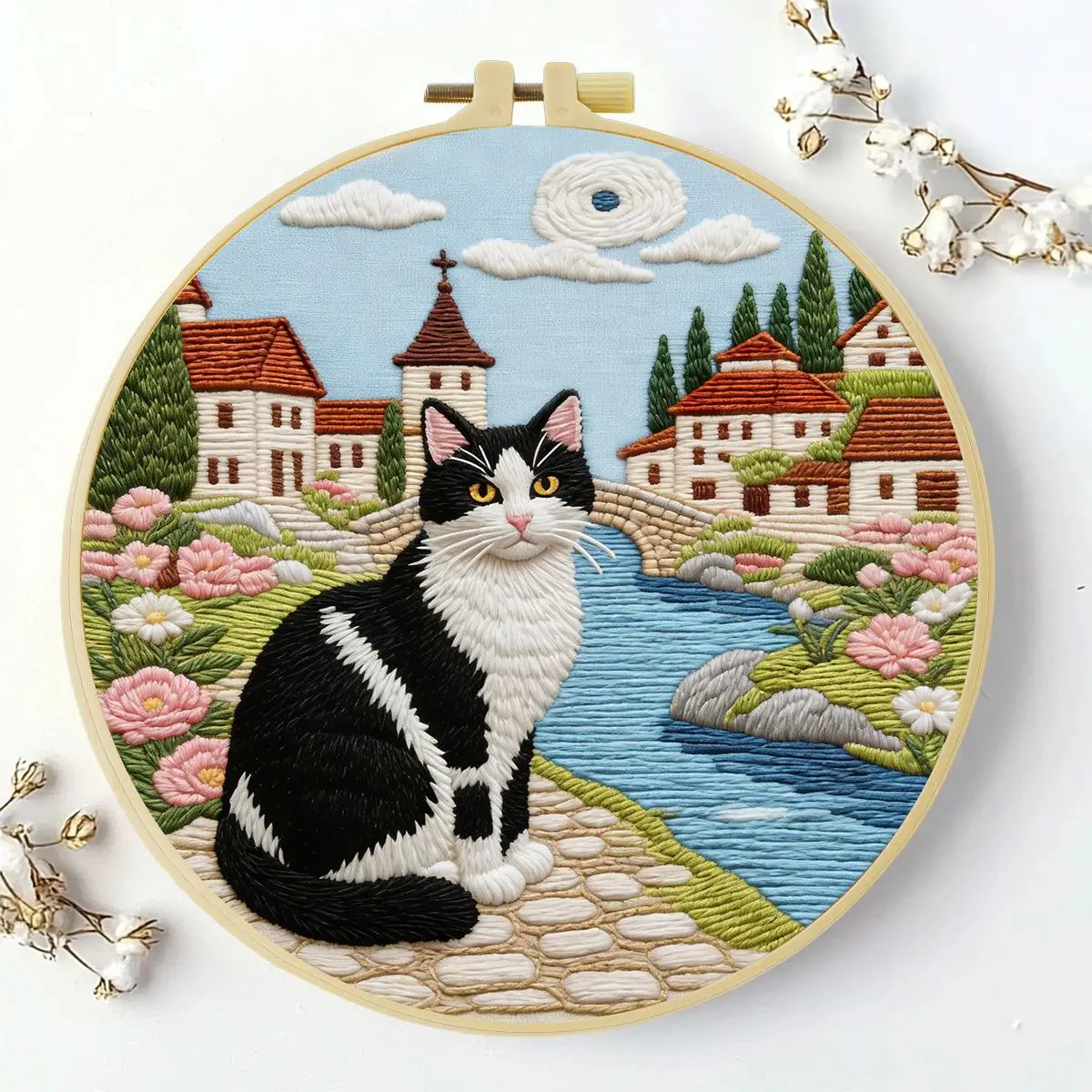 1 Stück 20X20CM/15X15CM 7,87/6,3 Zoll Die Katze am Bach Stickerei-Starter-Kit DIY-Kit DIY-Stickerei-Set Handarbeiten Nadelkunst – Detail 2