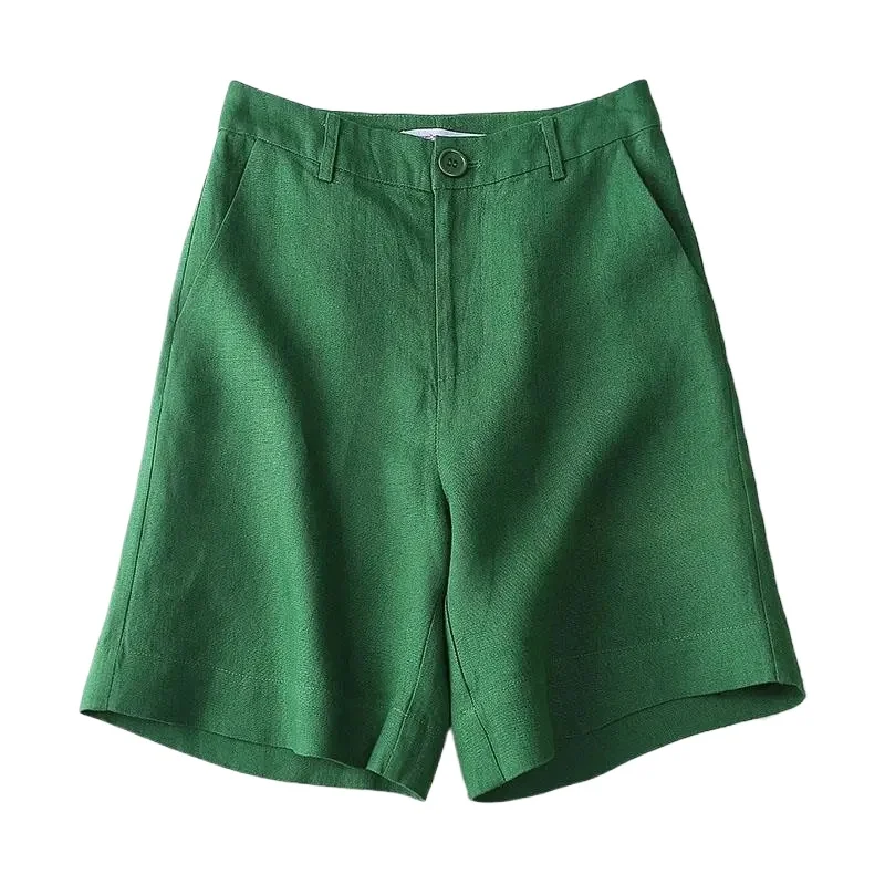 Cotton linen shorts women's Summer New Thin High waisted Casual Wide leg Pants Female Versatile Straight leg Five quarter Pants