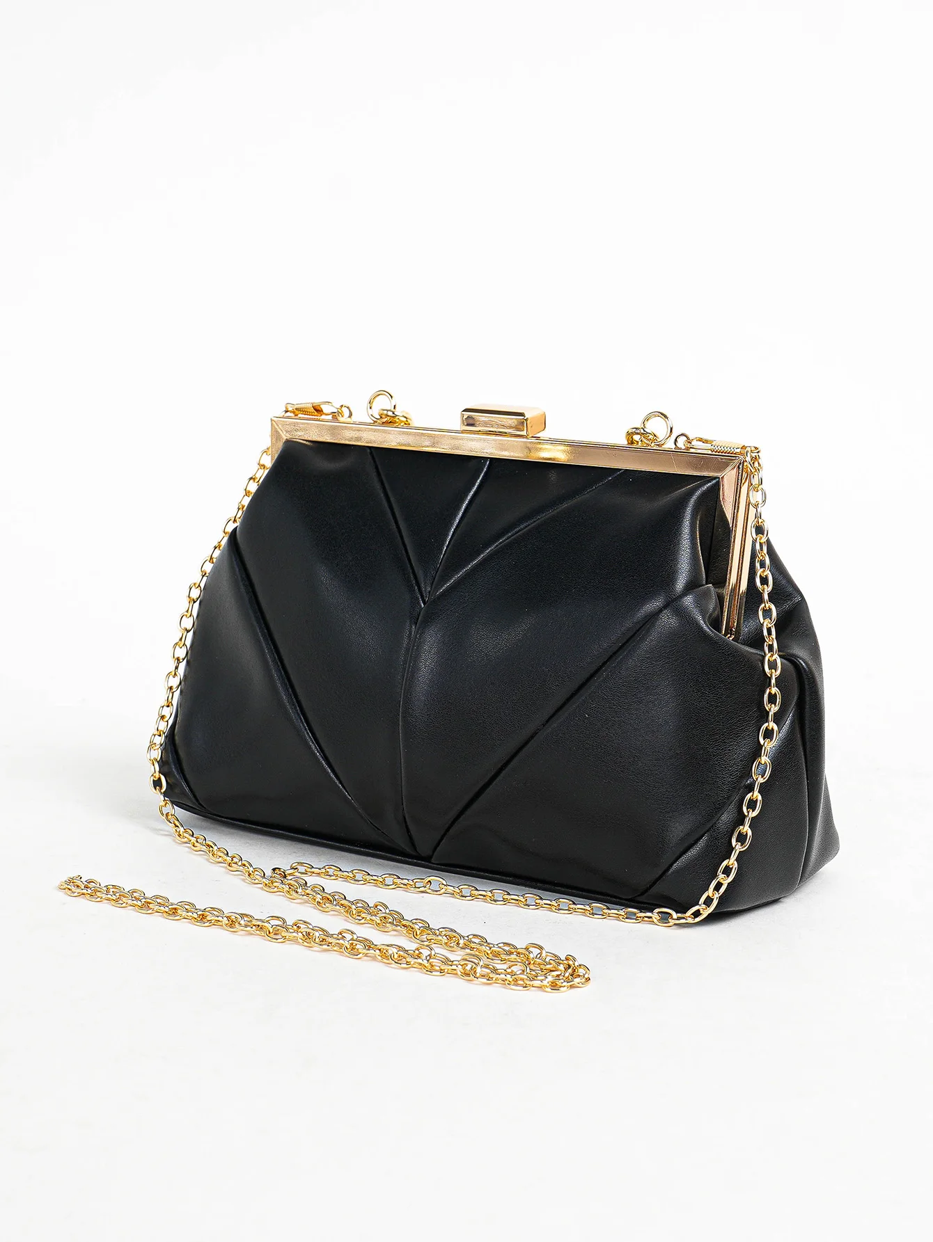 1 PC Matallic PU Leather Elegant Pleated Kiss-Lock Closure Evening Bag,Shinny Metal Chain Holder Frame Cross Body Clutch Bag,Kis