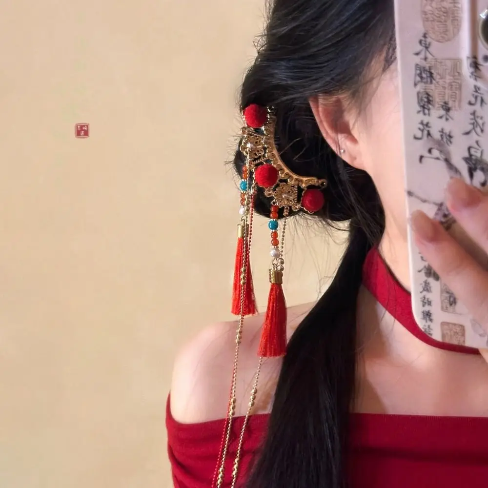 

Elegant Retro Tang Dynasty Hairpin Pearl Hair Fork New Year Headdress Antique Tassel Bridal Hair Accessories Daily