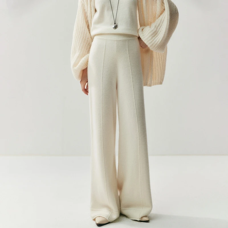 New Autumn Winter Women 100% Cashmere Trousers Fashion Elastic Waist Woman Cashmere Wide Leg Pants Casual Soft Warm Trousers