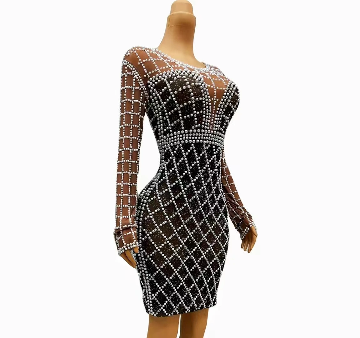 Long Jumpsuit Fashion Sexy Mesh Rhinestones Brown Club Bar Steel Pipe Dance  Stage Wear Nightclub women Singer Stage Costum