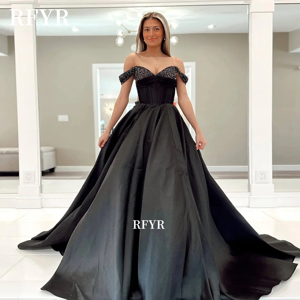 

RFYR Off Shoulder Evening Dress Satin Prom Dress A Line Beaded Neckline Party Dress for Women Customized