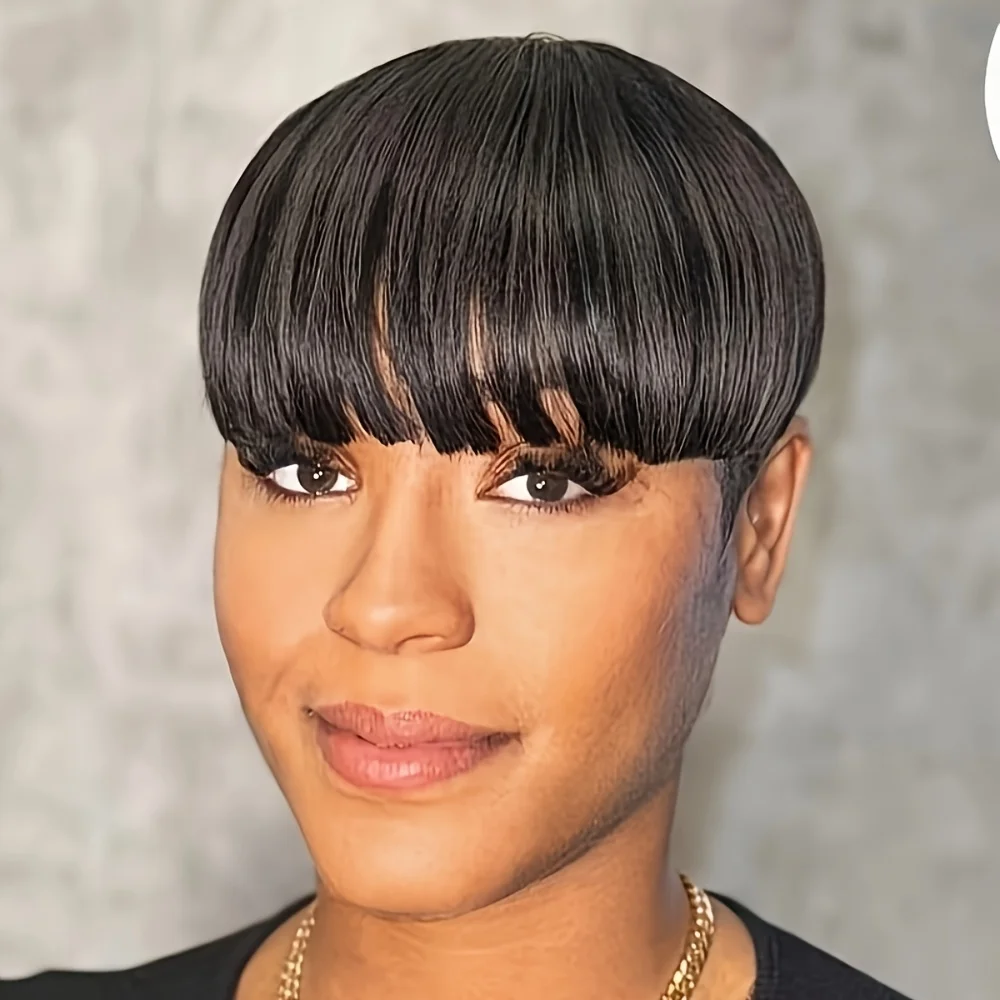 4#/99J/1B Colored Pixie Cut Straight Human Hair Wig for Women Full Machine Made Wig Short Layered Straight Wig with Bangs 6Inch