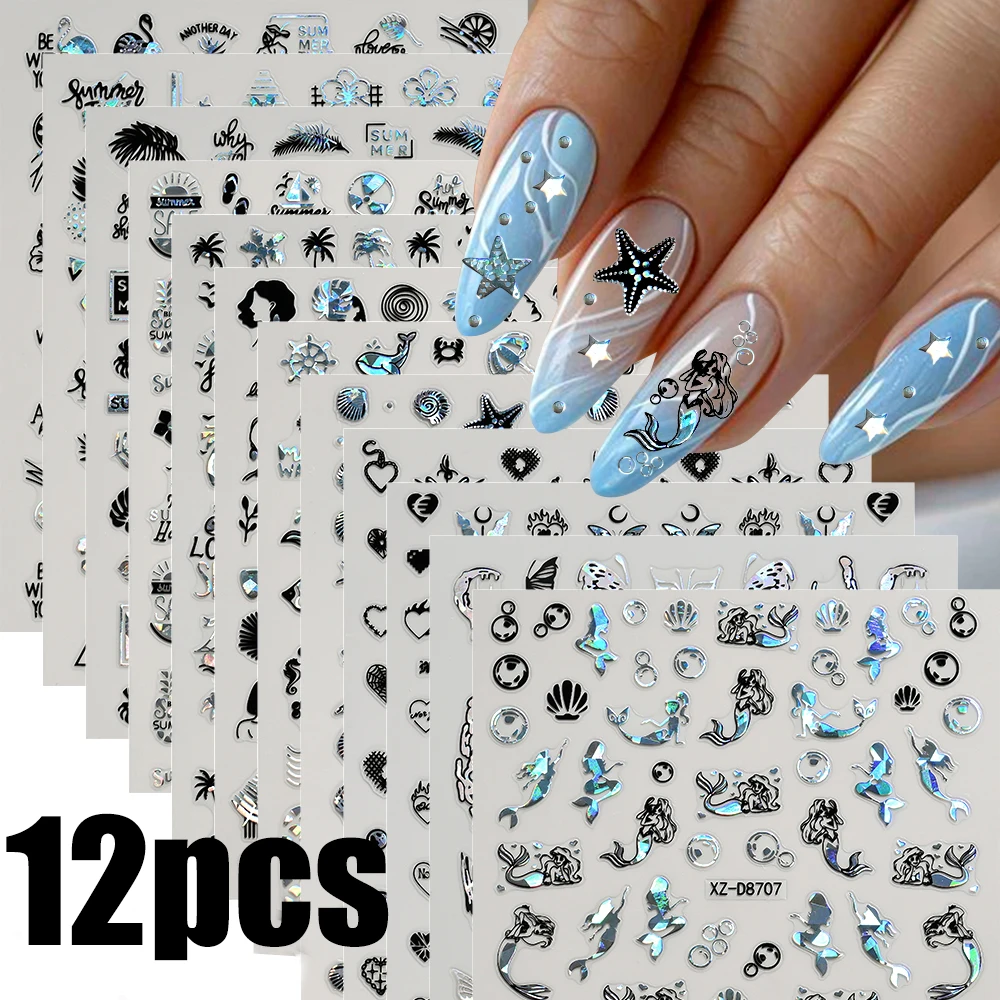 

12pcs Black Laser Sea Ocean Nail Art Stickers 3D Shell Starfish Mermaid Butterfly Nail Decals Shiny Slider Press On Nails Decora