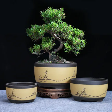 Maceta de cerámica redonda para bonsái, maceta grande, mediana y pequeña, maceta de planta verde con forma de tambor, lavabo de ventilación de