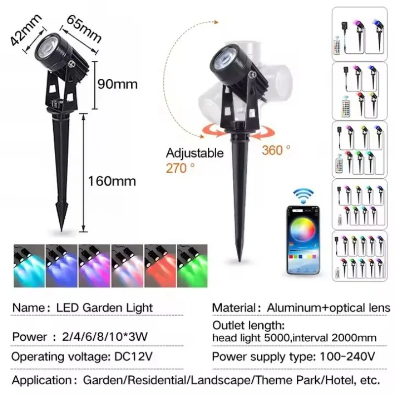 220V APP Bluetooth Control  Landscape Light LED Garden Lamp Waterproof 16 Million Colors Outdoor Yard Lawn Spotlights