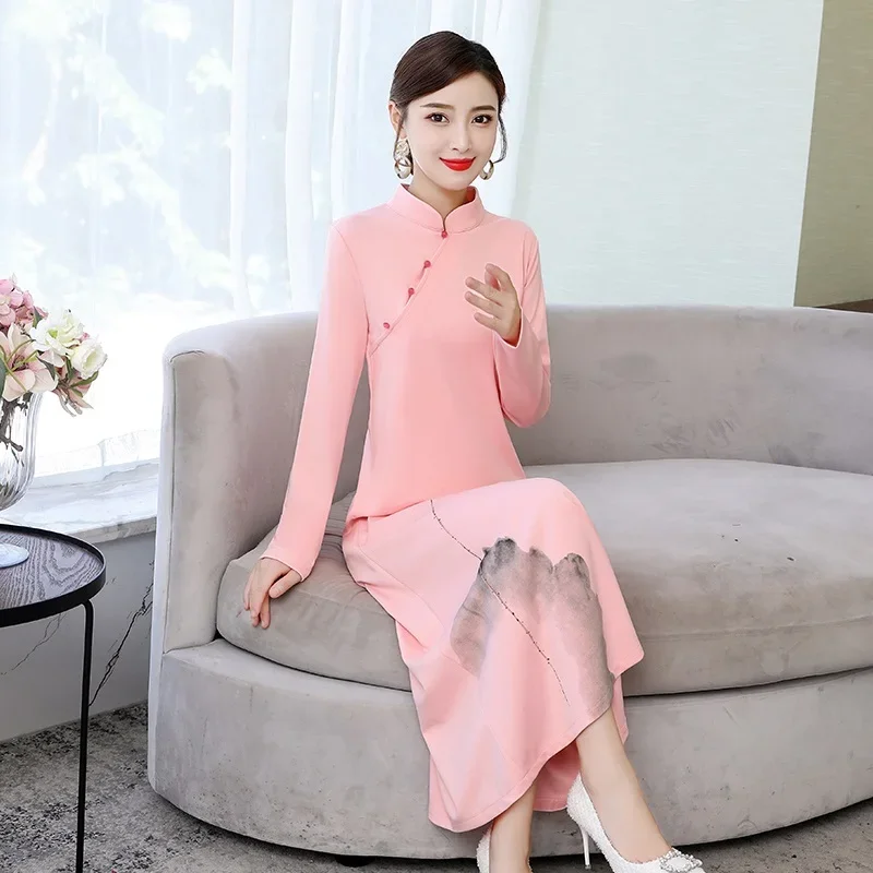 Women cheongsam improved dress retro elegant print long dresses floral party Qipao Chinese traditional Chinese dress 12008