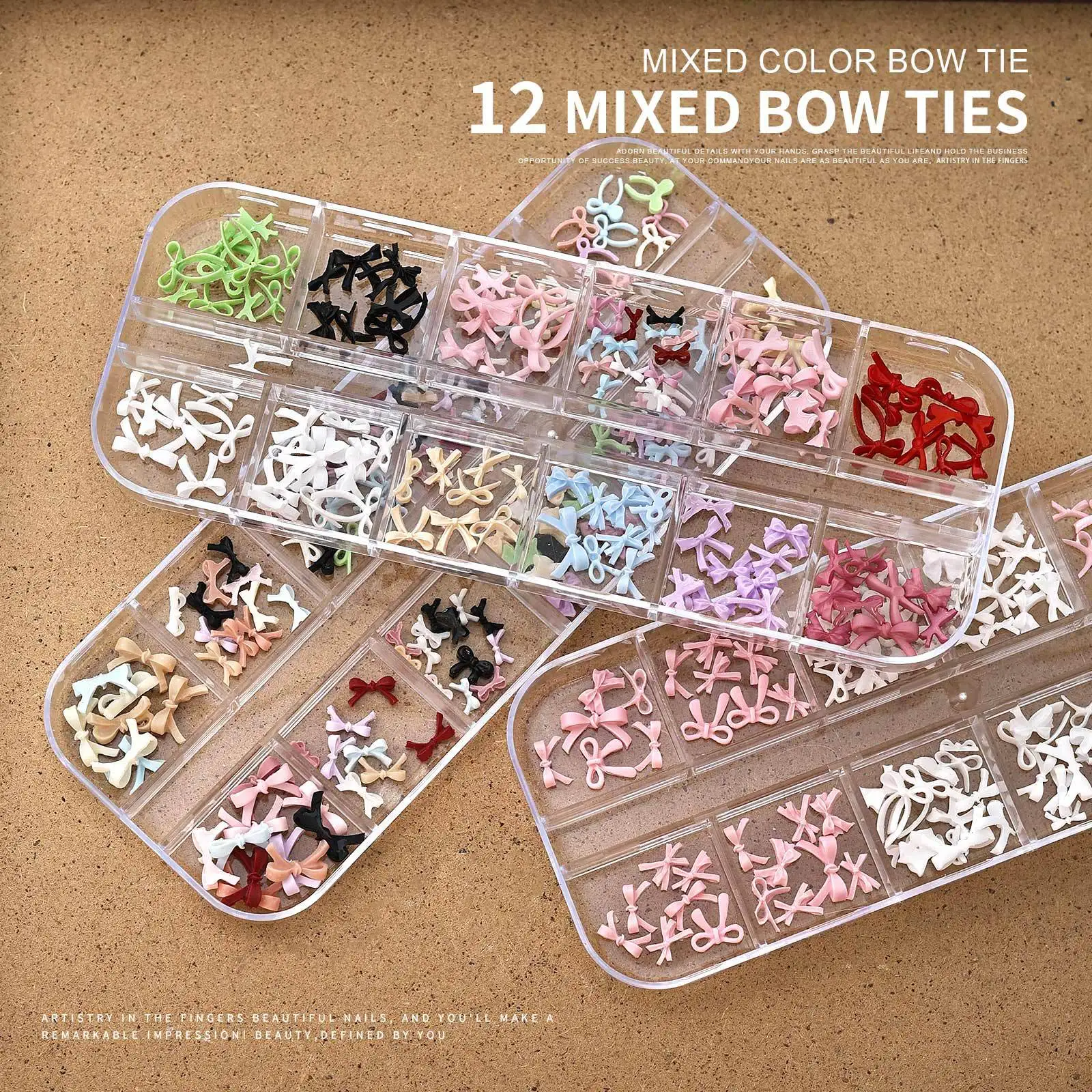 새로운 12칸 미니 블랙 핑크 리본 믹스 컬러 보타이 네일 드릴 스위트 DIY 네일 아트 액세서리 장식 매니큐어