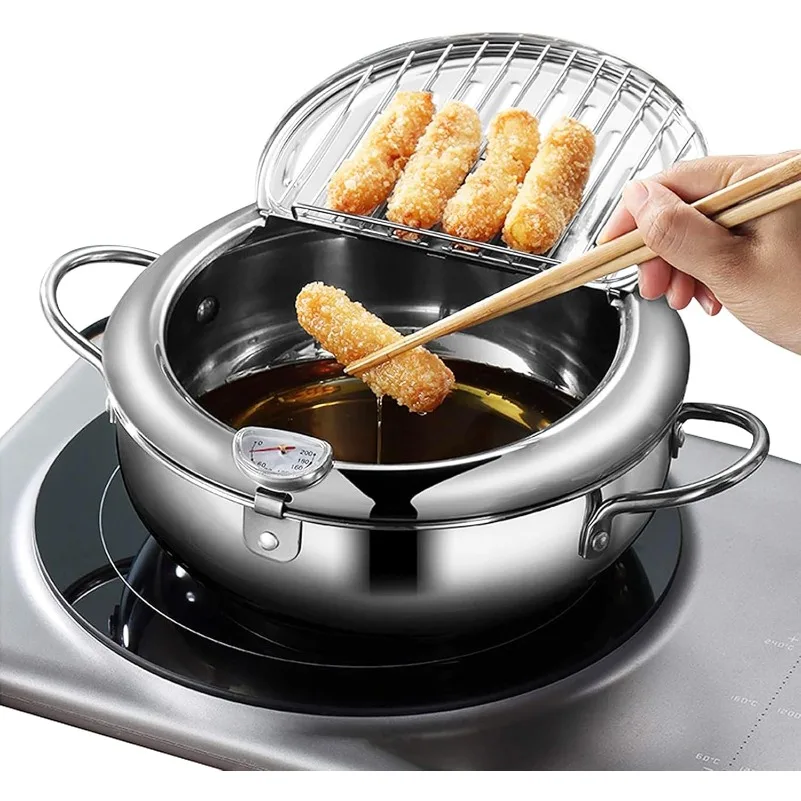 Japanese Tempura Deep Fryer Pot, Stainless Steel with Thermometer, Lid, and Oil Drip Rack for Fries, Shrimp, and Chicken Wings